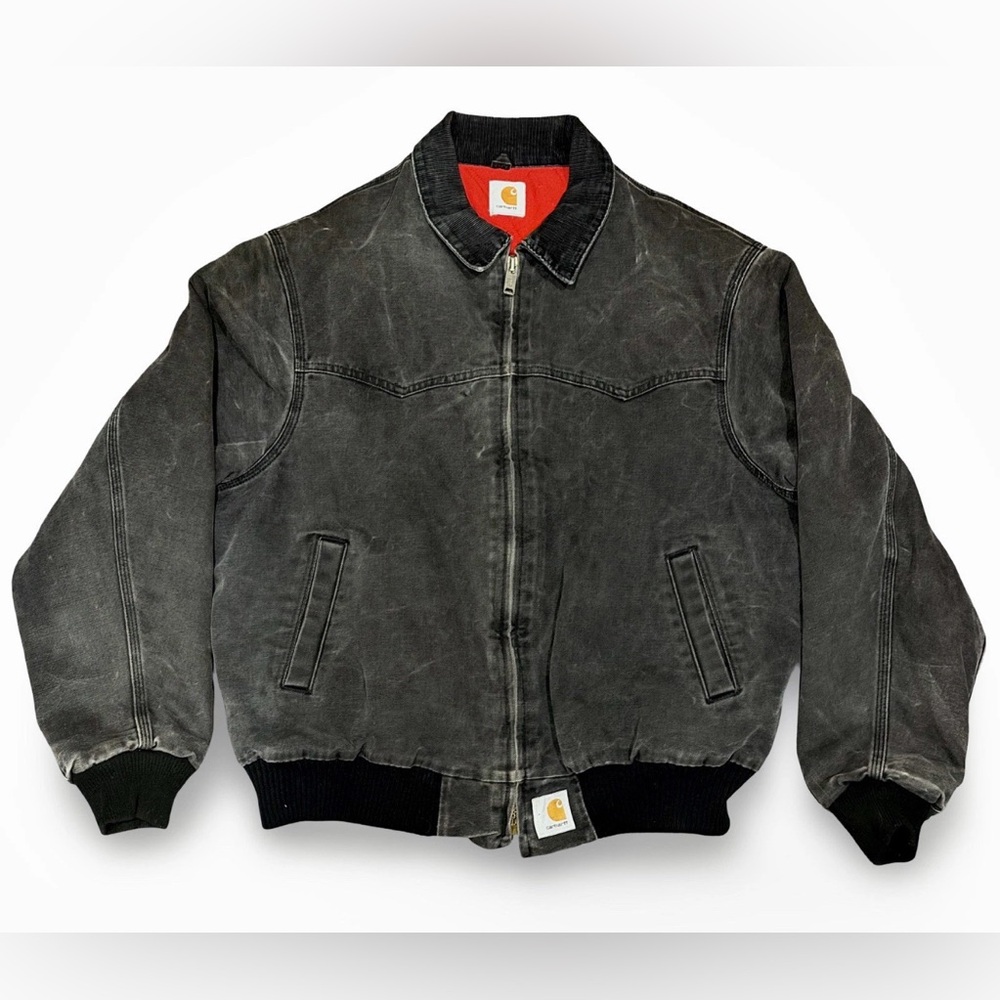 Vintage Carhartt Grey Faded Work Jacket Corduroy Collar Red Quilted Lining L/XL